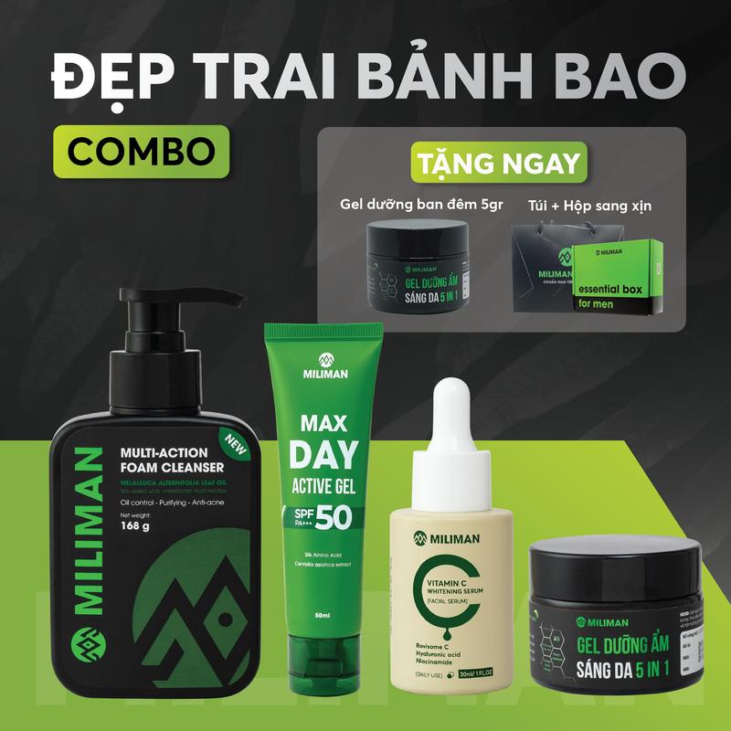 Combo Đẹp Trai Bảnh Bao MILIMAN Gồm Sữa Rửa Mặt Amino Acid Vector 150ml, Serum Vitamin C 30ml, Gel Dưỡng Da Chống Nắng 4 in 1 50ml, Gel Dưỡng Ban Đêm 5 in 1 50Gr | Tặng Gel Dưỡng Ẩm Ban Đêm 5gr Skincare và Cát Thạch May Mắn Đầu Năm