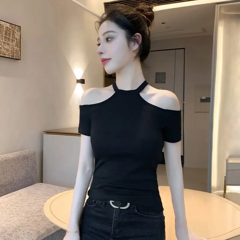 Áo Trễ Vai Cổ Yếm Phong Cách Nhẹ Nhàng, Thiết Kế Đẹp, Phong Cách Phương Tây, Áo Thun Bó Sát Dành Cho Nữ, ngắn Tay, Thích Hợp Cho Mùa Hè, Màu Đen, Có Rỗng