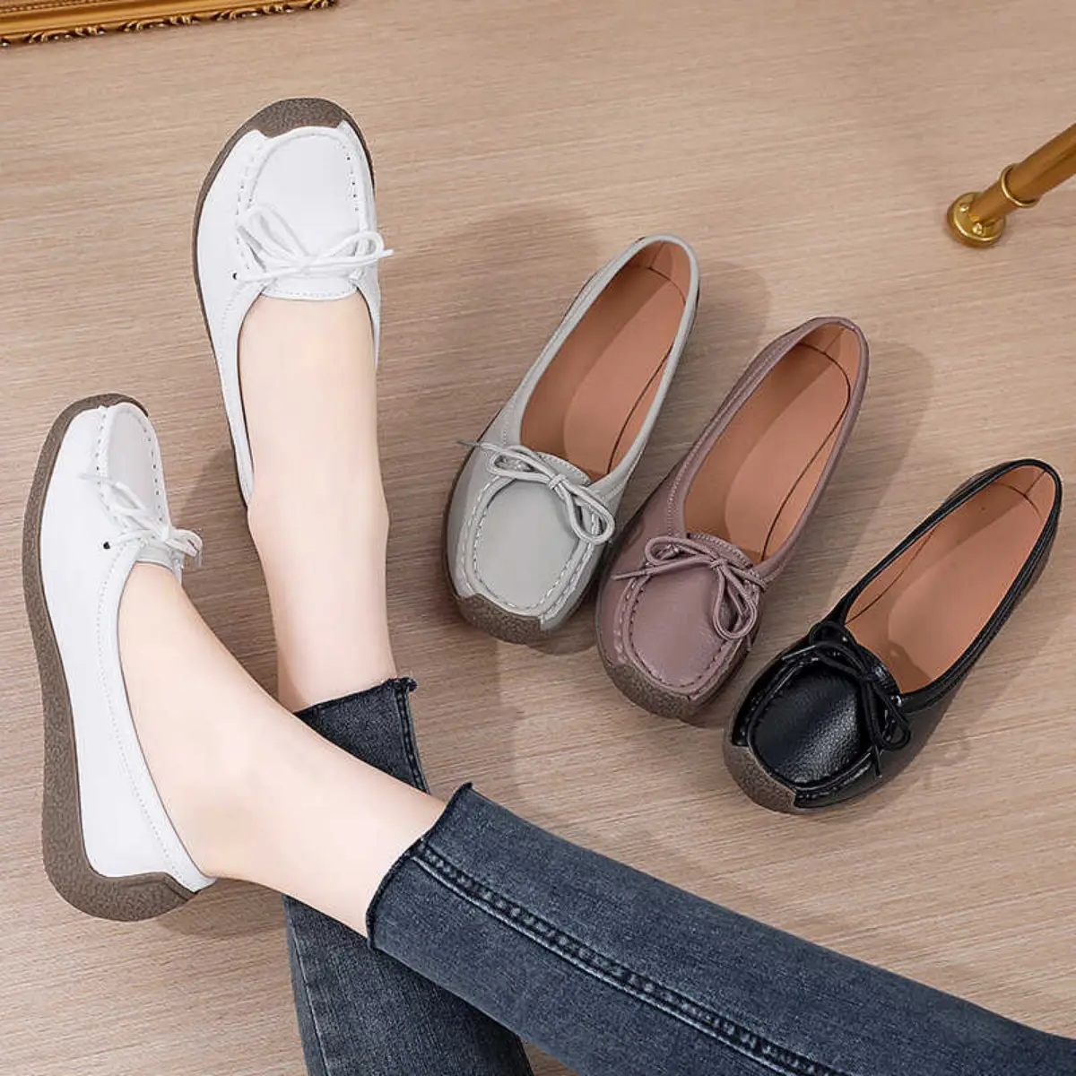 Thời Trang Nữ Da Thật Chính Hãng Da Bò Da Bò Đế Mềm Nữ Một Bước Mẹ Chống Trơn Trượt Đế Bằng Cao Su Shoes
