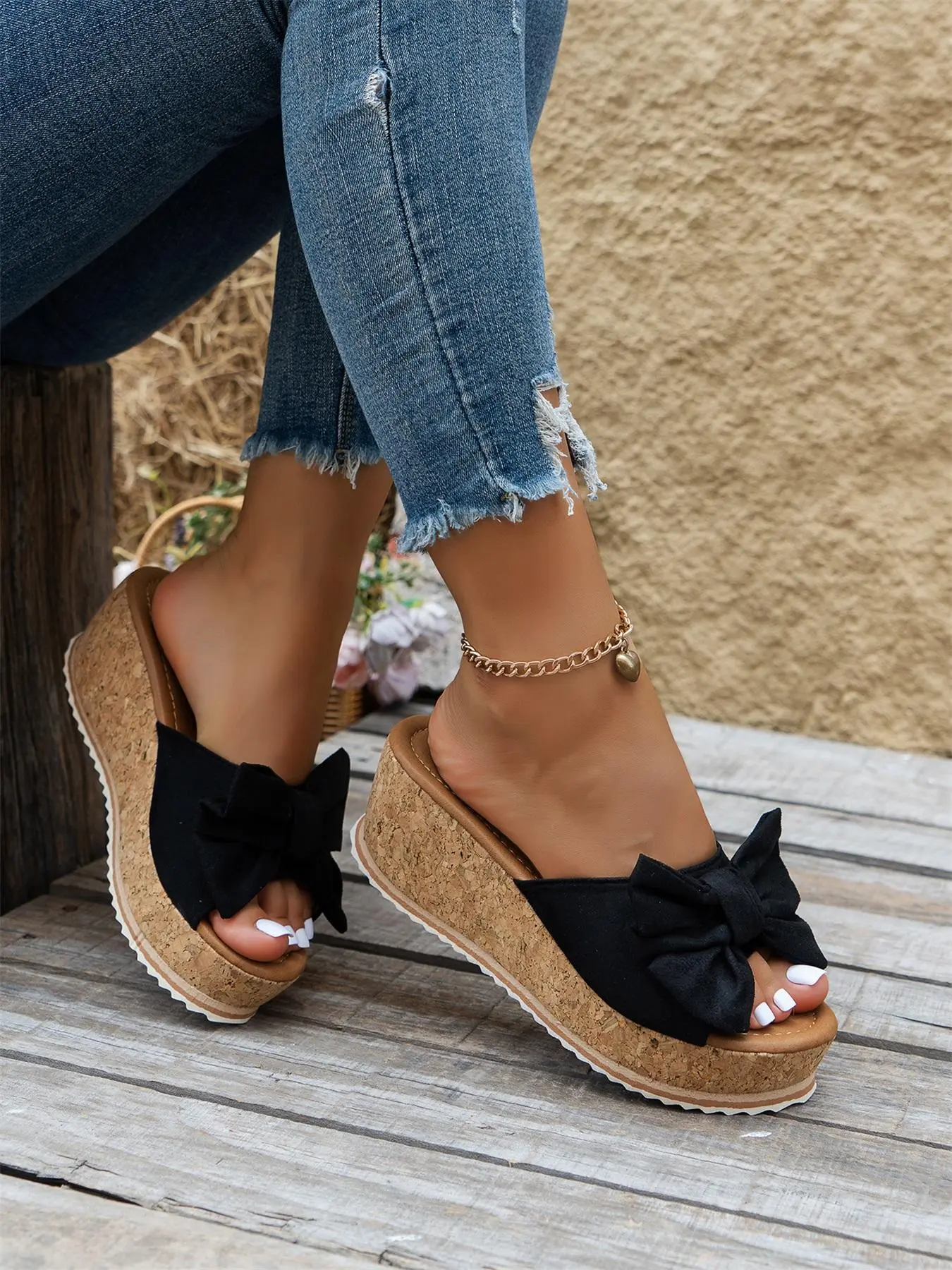 Women's Fashionable Bowknot Design Wedge Sandals, Casual Trendy Slip on Wedge Sandals, Fashionable Shoes for Daily Wear, Girl