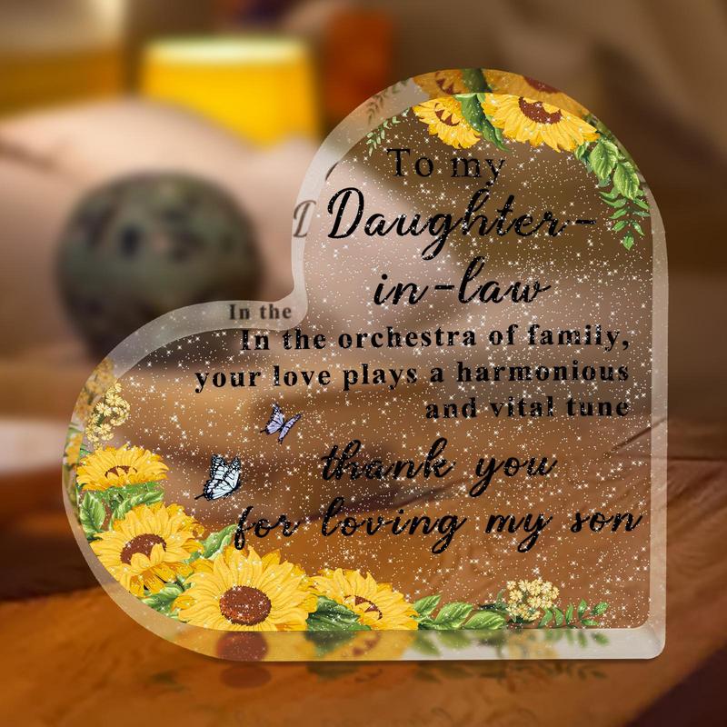 Product Introduction of Heart Shaped Acrylic Plaque, 1 Count Slogan Graphic Acrylic Ornament, Thank You Gift for Daughter-in-law 5
