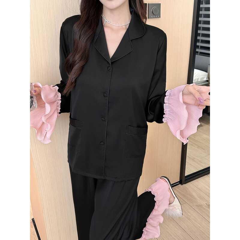 Bộ Đồ Ngủ, Chất Liệu Lụa Lạnh Dành Cho Nữ, Viền Xếp Nhún Tay Dài, Phong Cách Cung Điện, Ngọt Ngào Và Ngọt Ngào, Thích Hợp Mặc Ngủ Áo Women 2