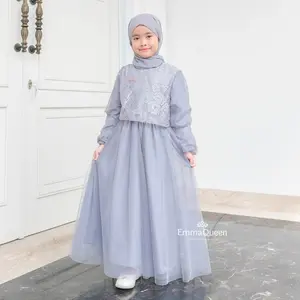 EmmaQueen - Dress Alin Kids  Baju gamis mewah anak perempuan Muslim Katun Tulle Kombinasi Brukat Wudhu Friendly Kancing Belakang Karet Pinggang anggun 4-5 6–12 tahun