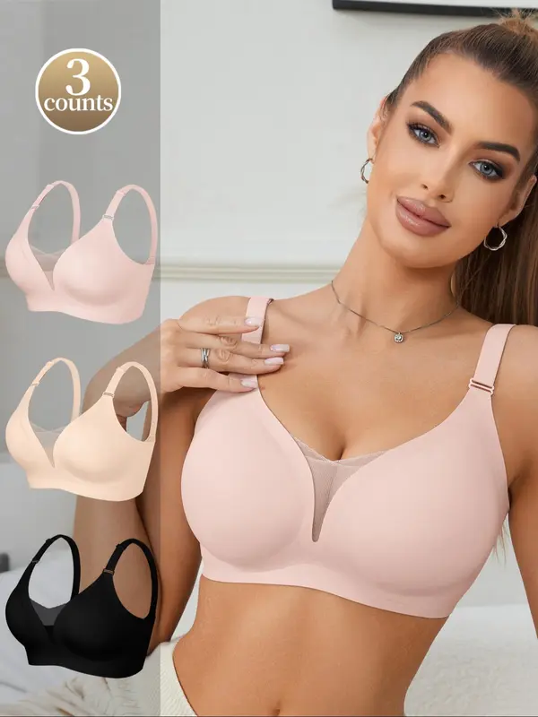 Women's Solid Color Mesh Patchwork Seamless Wireless Bra, Casual Comfortable Breathable Adjustable Strap Anti-Sagging Full Coverage Bra, Lingerie for All Seasons 6