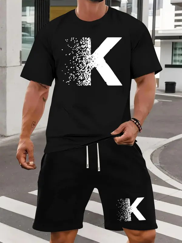 Two-piece Set Men's Letter Print Short Sleeve Tee & Shorts Set, Regular Fit Casual Round Neck T-shirt & Track Shorts, Summer Clothes Set for Men 3
