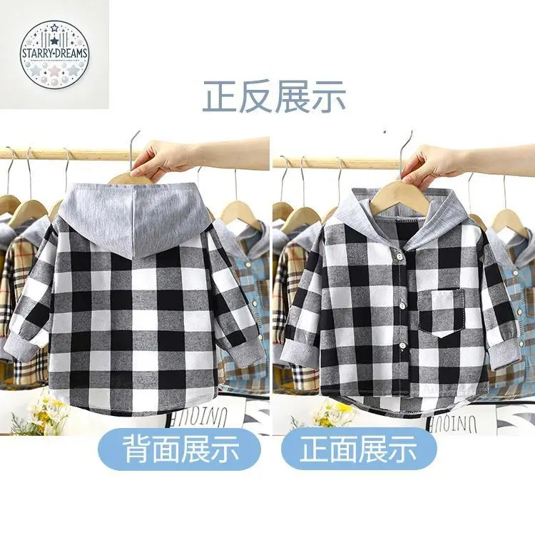 Áo khoác sơ mi kẻ sọc, dài tay, có mũ trùm đầu, dành cho trẻ em, 70-150cm 2