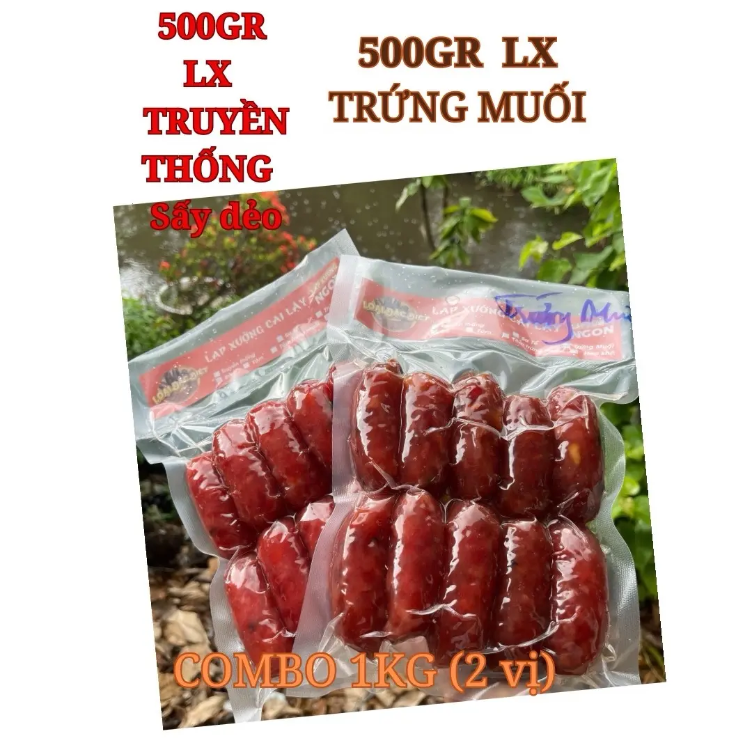Combo 1kg (2 vị): 500gr Lạp xưởng  trứng muối +500gr  Lạp xưởng truyền thống sấy dẻo khô ráo nhà làm. + Đóng gói hút chân không cẩn thận