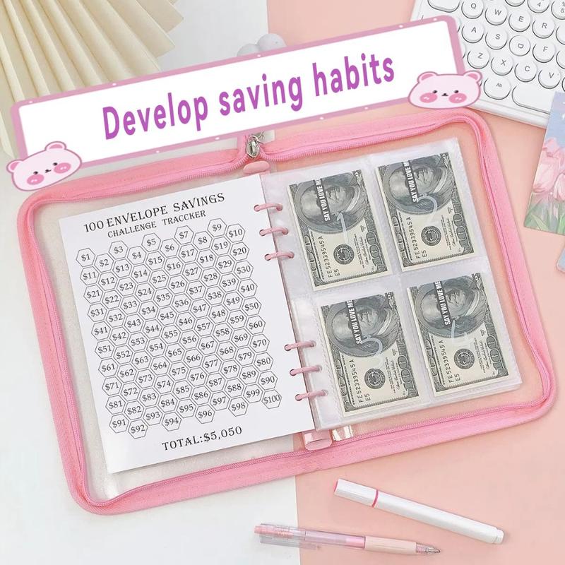 Product Introduction of 1 Set Elegant Sakura Style 100 Envelope Challenge Binder Waterproof PVC Savings Challenge Binder Tear Resistant Cash Envelopes Binder Kids 11