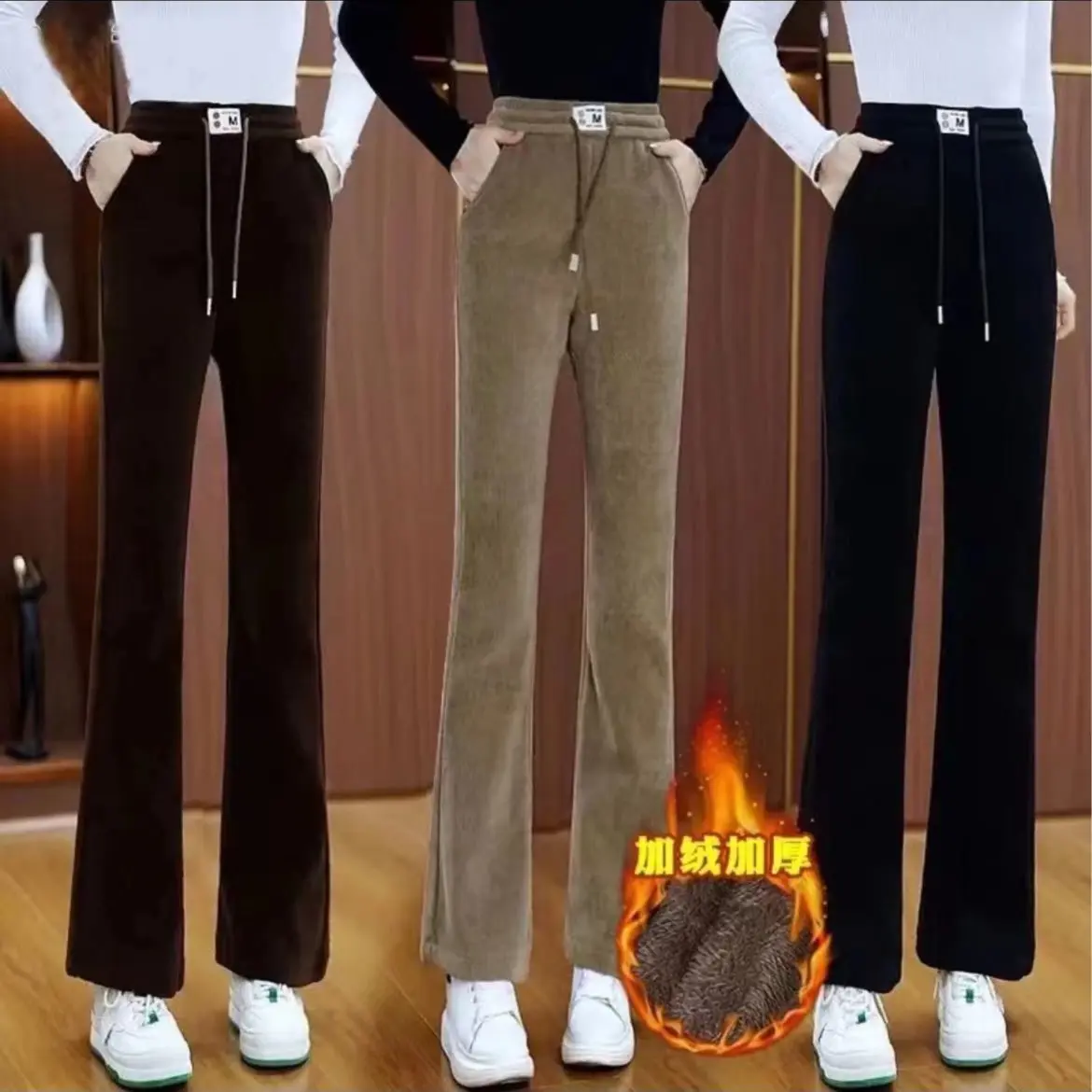 Thickened Bejirog Bootcut Trousers Bell-Bottom Pants 2024 Autumn and Winter New High Waist Velvet Padded Warm Leisure Women's Pants Womenswear Lingerie