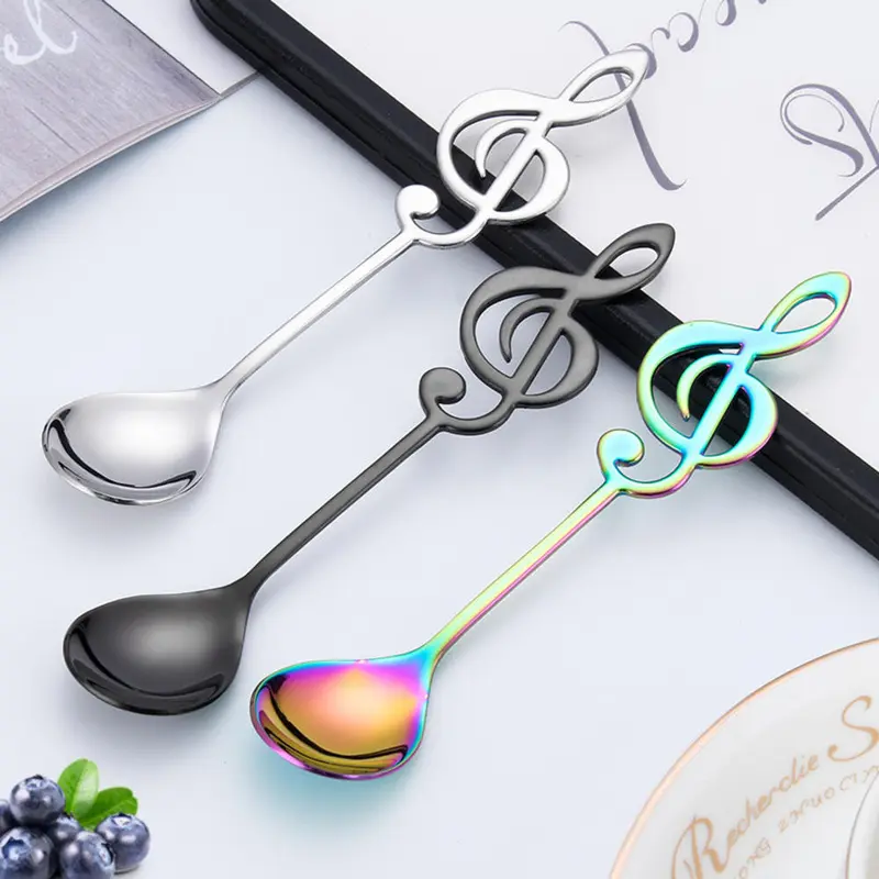 Thìa Nhạc Bằng Thép Không Gỉ, Thìa Trà Khắc, Thìa Cà Phê Sáng Tạo, Nhẹ, Thìa Đá Cán Dài, Dụng Cụ Nhà Bếp, Phụ Kiện Ăn Uống, Quà Tặng 3