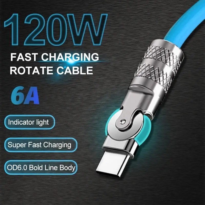 TOPSCOR Kabel Data CAS Usb180° 120W 6A Super Quick Charging iOS Tipe C Kabel Pengisian Cepat Cairan Silikon Zinc Alloy Konektor 1.5 meter