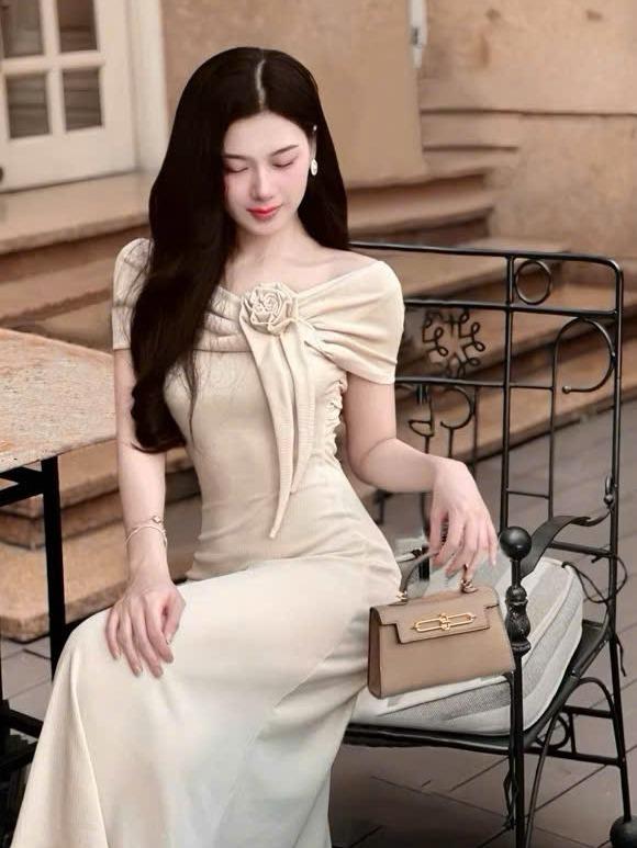  SM - Đầm nữ trễ vai tay ngắn đính hoa tua rua tiểu thư - thun gân lạnh BB09  Size SMLXL  Váy boby  váy body nữ tôn dáng  váy xinh  váy đi tiệc  váy đi biển 