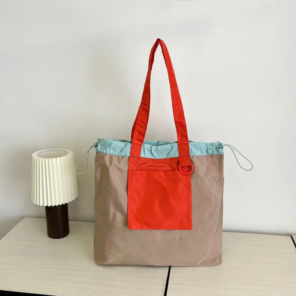 Lightweight Colored Foldable Shopping Bag Reusable Environment-Friendly Pocket Handbag Large Capacity Waterproof Drawstring Tote Bag Girls