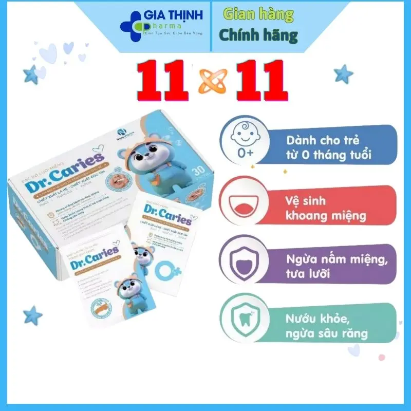 Gạc Rơ Lưỡi Dr.Caries Vệ Sinh Răng Miệng Ngừa Tưa Lưỡi Nấm Miệng An Toàn Cho Bé Hộp 30 Gói