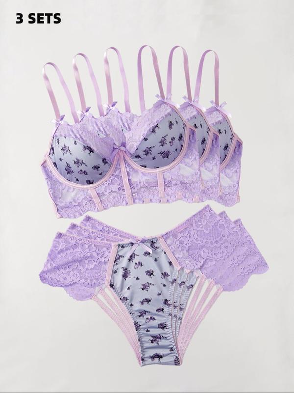 Women's Contrast Floral Lace Bow Front Underwire Bra & Panty Set, Romantic Adjustable Strap Push Up Bra & Panty Set, Soft Comfy Breathable Underwear Set for Women 6