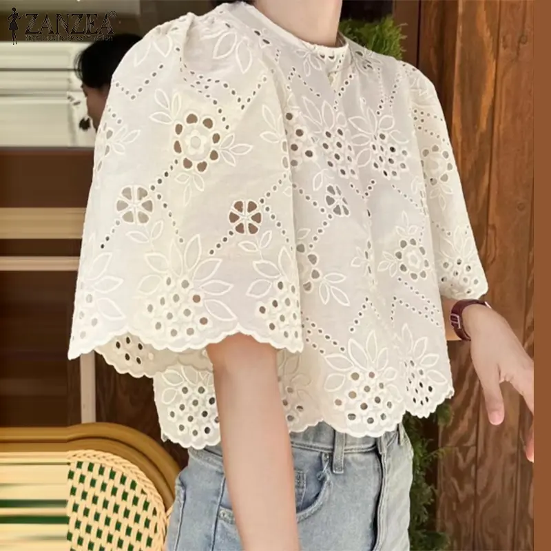 เสื้อครอปผ้าฝ้ายลำลองวินเทจ ZANZEA สไตล์เกาหลี สำหรับผู้หญิง คอกลม วันหยุด เสื้อเบลาส์ปักกลวง เหมาะสำหรับฤดูร้อน