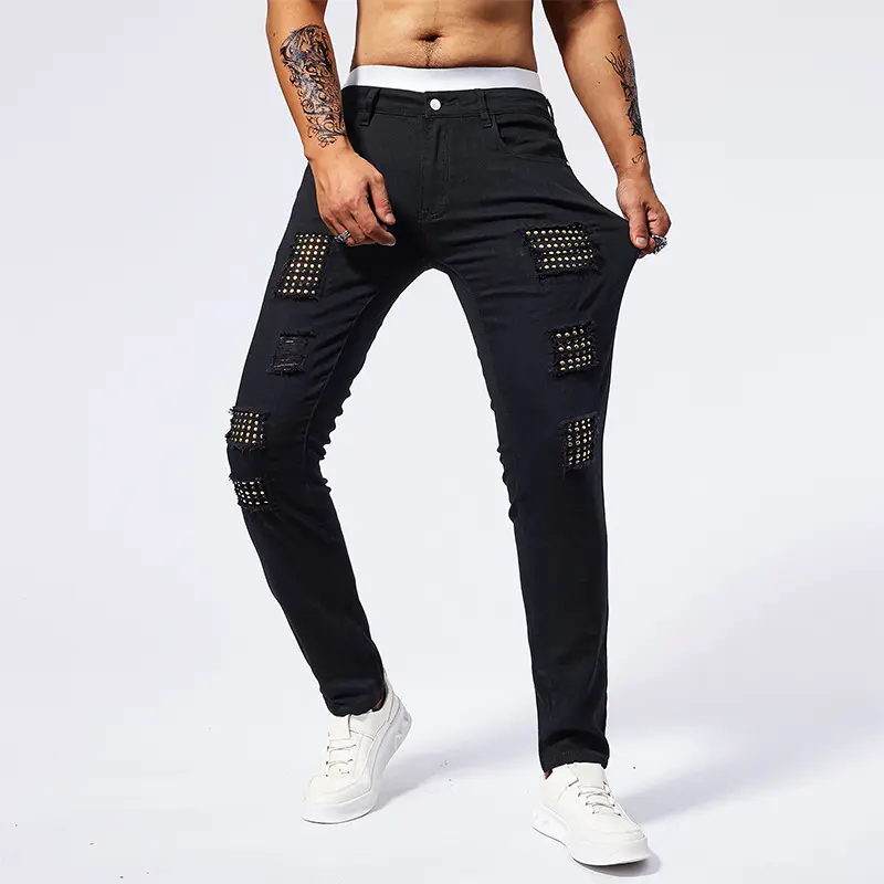 Black Rivet Distressed Jeans - Slim Straight Stretch Denim Pants| Trendy Wholesale & Custom Jeans for Men/Women