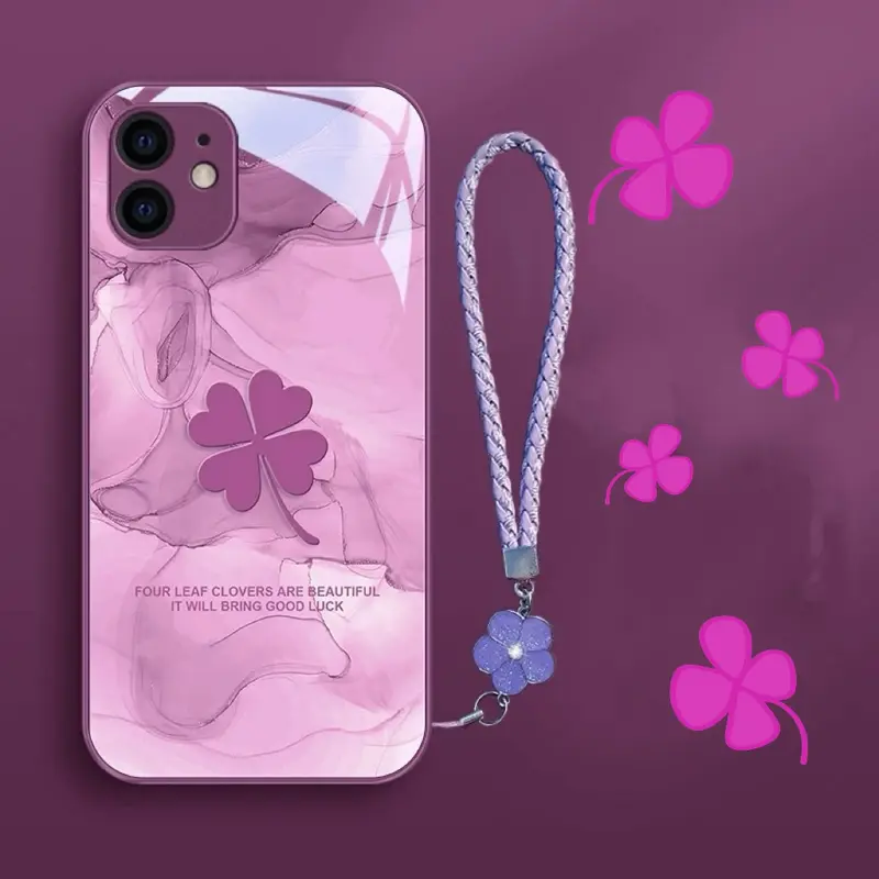 Ốp Điện Thoại Cỏ Bốn Lá, Thiết Kế May Mắn, Tương Thích Với iPhone 14 Pro Max / 14 Plus / 13 Pro Max / 12Pro Max / 11 Pro Max / XS Max / XR, Ốp Điện Thoại Xu Hướng Chống Sốc, Chất Liệu Kính, Keo Mềm TPU 3