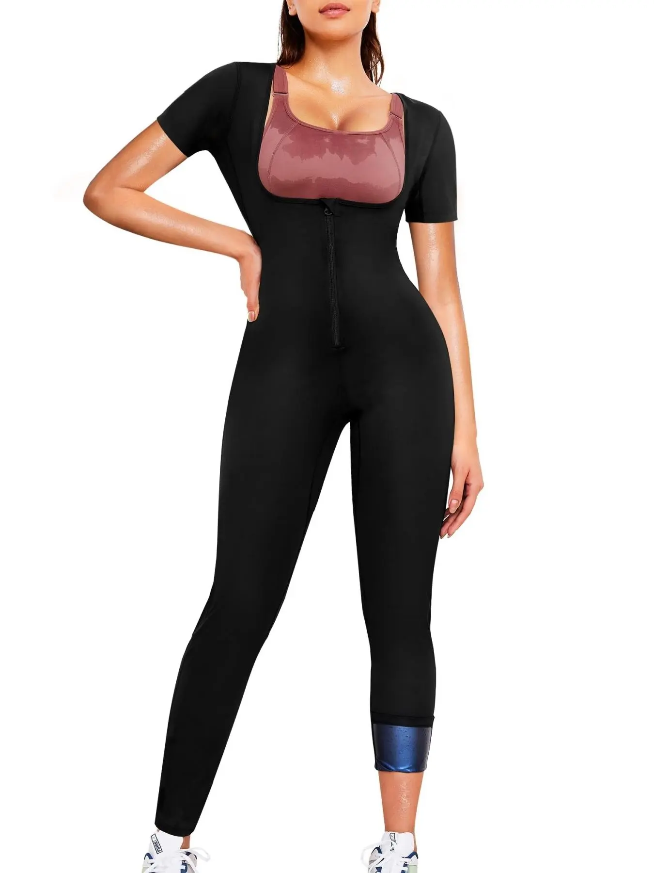 Women's Solid Zip Up Sports Sauna Jumpsuit, Sporty High Stretch Short Sleeve Jumpsuit for Daily Wear, Ladies Sportswear for All Seasons