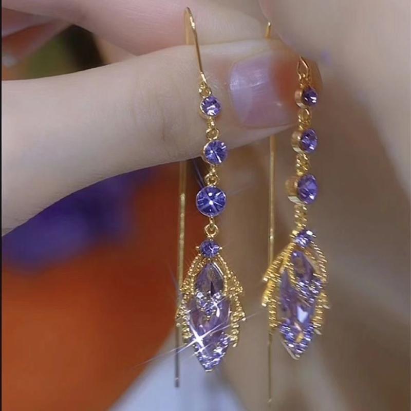 Product Introduction of Hot-Selling Purple Zircon Maple Leaf Threader Earrings New Long Tassel Versatile Elegant Earrings Exquisite Design Women's Earrings 1