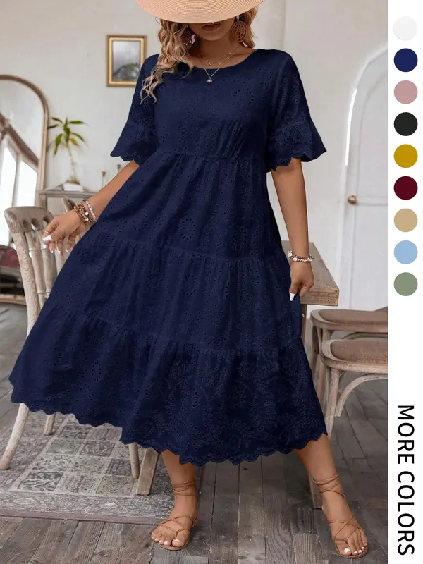 【Plus Size】 Plain Eyelet Embroidery Dress, Casual Bohemian Fashion Round Neck Dress for Daily Holiday Vacation Wear, Women Plus Clothing for Summer, Womenswear, Plus Size Dresses, Plus Size Tummy Flattering Dresses, Floral Lace Dress 3