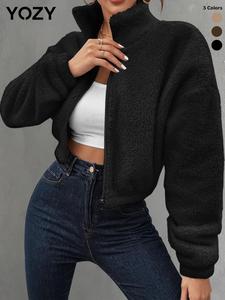 YOZY Women's Solid Drop Shoulder Zip Up Plush Jacket, Casual Long Sleeve Stand Collar Outerwear for Daily Wear, Ladies Clothes for All Seasons