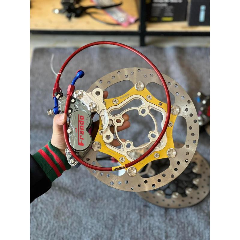 [ COMBO 4 món ] Heo Frando 4pis Xám + Đĩa oveisze inox gắn mâm 4 lỗ 267mm + dây dầu morin Đỏ + pát CNC cho nhiều dòng xe