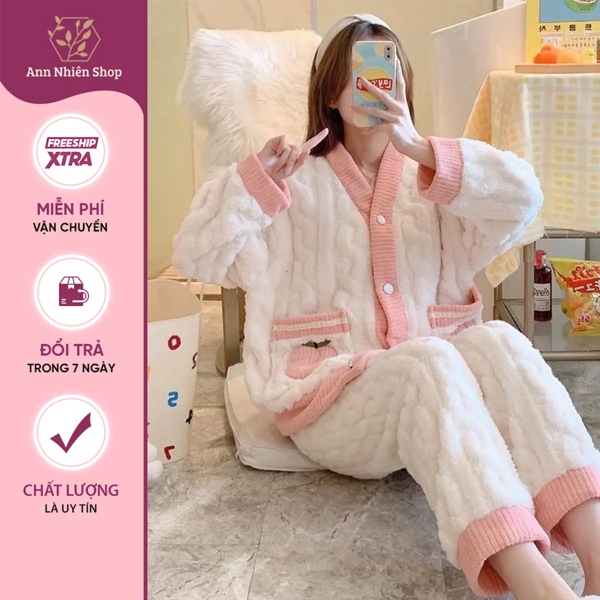 [HÀNG QC] SET Đồ bộ nữ lông cừu đào hồng Ann nhiên shop giữ ấm ủ kem