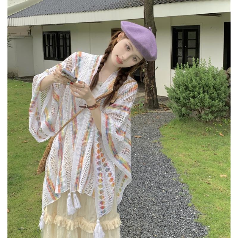 Áo len kiểu nữ Kozoda AL622 chất dệt kim họa tiết thổ cẩm tua rua khoác choàng ngoài mặc đi biển đi chơi Hàn Quốc