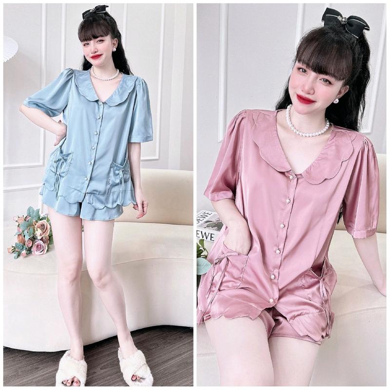 Đồ ngủ pijama tiểu thư Tay ngắn quần đùi nút ngọc Lụa Latin mềm mát đồ bộ bigsize dưới 70kg