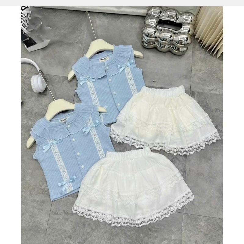 [5-18kg] a445-Set bộ bé gái áo XANH  nhúng mềm  thấm hút mồ hôi  kèm chân váy đũi ren 2 tầng cho bé gái mặc đi học, di chơi  [XMGY] 4