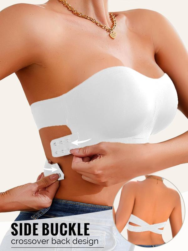 Women's Solid Color Buckle Side Criss Cross Bandeau Bra, Push Up Strapless Bra, Soft Comfortable Breathable Lingerie for Daily Wear, Bras Women 3