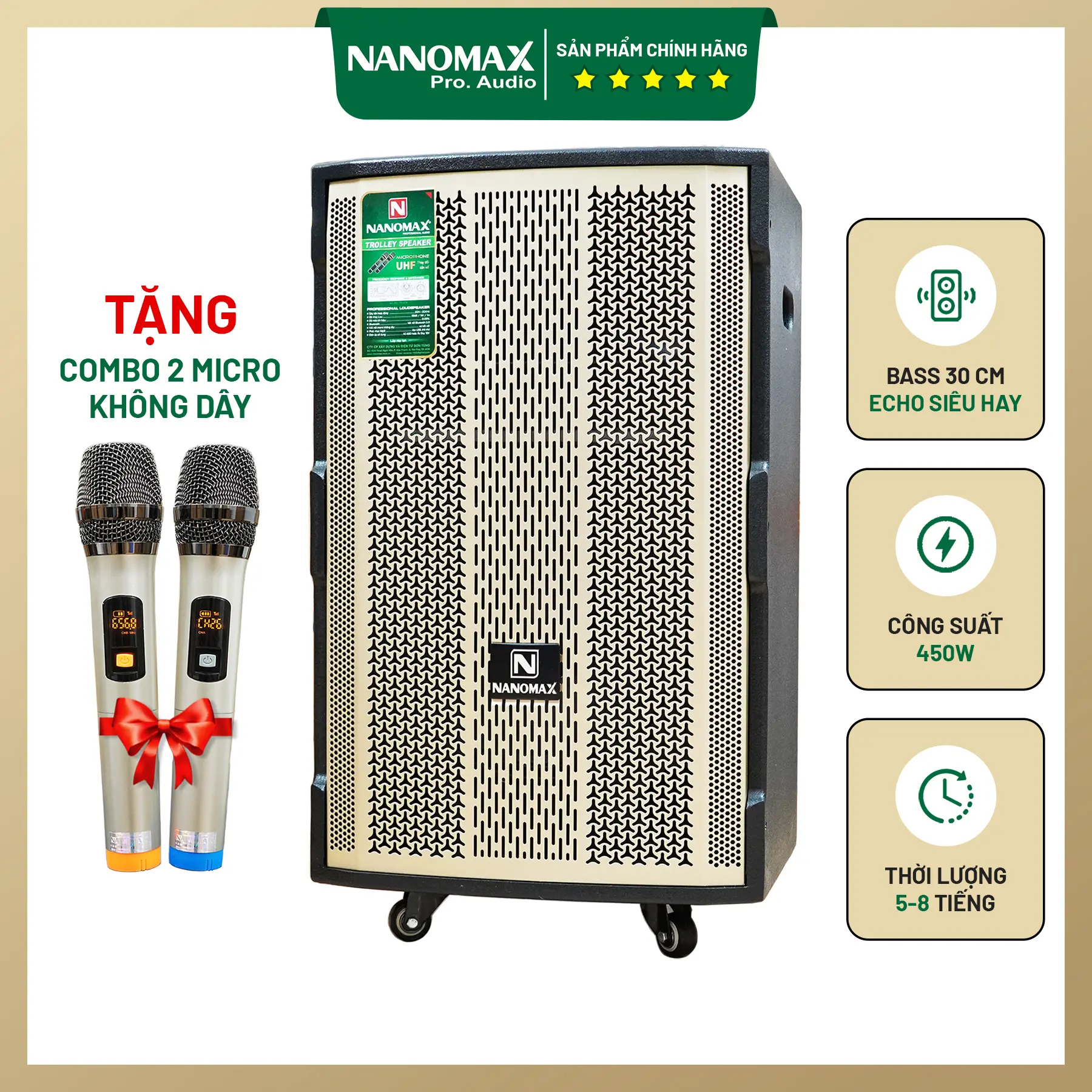 Loa Kéo Nanomax SK-12F3 Bass 30cm Công Suất 450w Karaoke Bluetooth Tặng 2 Micro UHF