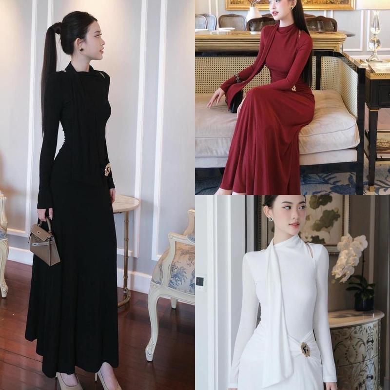 Đầm body dáng dài cổ phối tà dài xoắn eo đính nút sang chảnh - thun gân lạnh D8702 thời trang đính đá nơ Nữ Women Dress Nữ Women