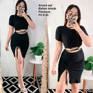 Setelan bodycon Rib Korea style dewasa viral terbaru 2026 Lengan pendek Polos rok tali kerut paha Setrip