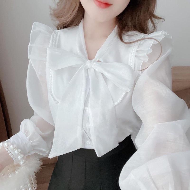 Áo sơ mi nữ kiểu công sở dài tay tiểu thư nút ngọc cổ dây nơ phối ren màu trắng kem áo sơ mi tay dài phồng đi học Top Shirt Women