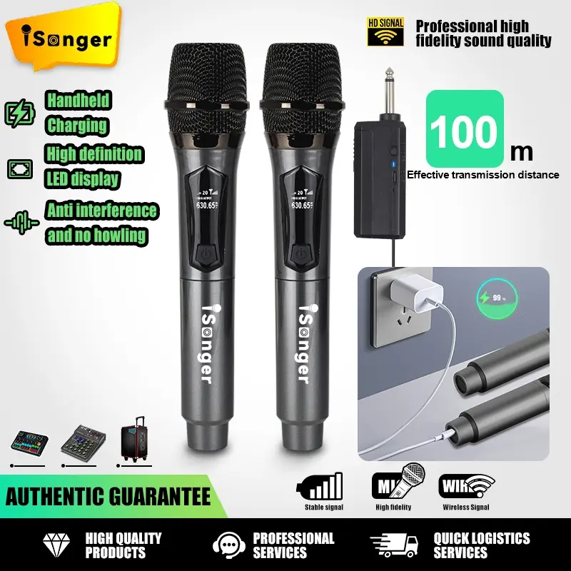 Micro không dây, Chuyên nghiệp, Bộ micrô kép UHF Có Thể Sạc Lại để hát karaoke