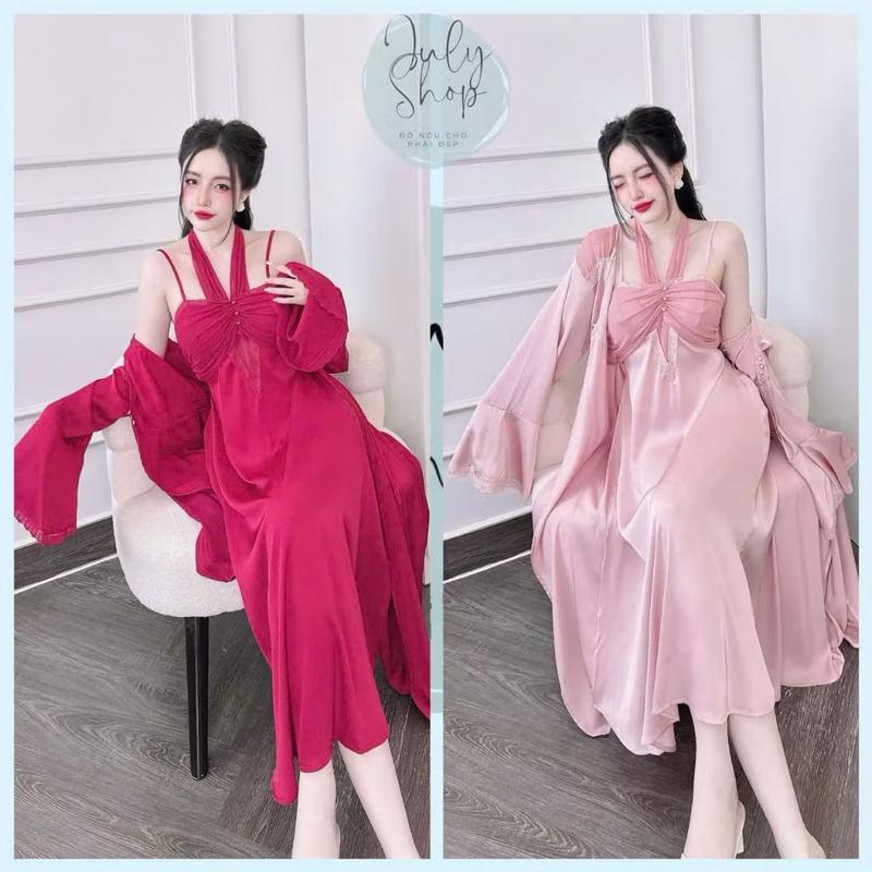 <65kg Đồ Ngủ Nữ JULY Set Đầm Ngủ Tiểu Thư 2 Dây Cổ Yếm Phối Lưới Thun Kèm Áo Choàng Lụa Latin Cao Cấp Freesize