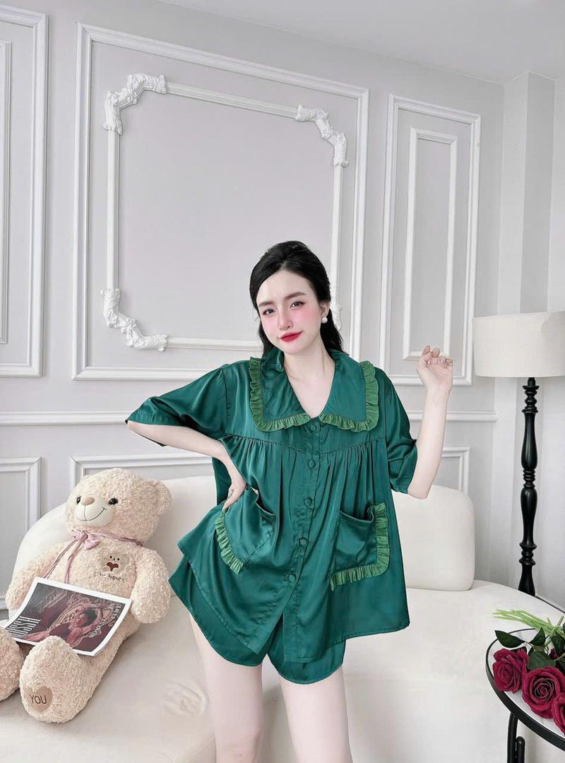 Product Introduction of Freesize (65Kg-90Kg) Bộ Pijama Đùi Nữ Áo Baby Doll Cổ Bèo Vải Lụa Latin Có Nút Bọc, Quần Đùi Ống Rộng Có Túi, Quần Áo Ngủ 7