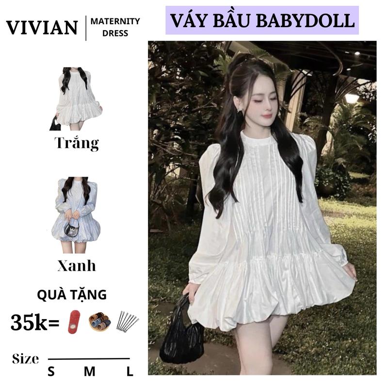 Váy bầu nữ dáng babydoll VIVIAN tay dài xếp ly sang chảnh đầm bầu thiết kế liền thân form rộng V301 Dress Women Màu Trắng Dress Sandal