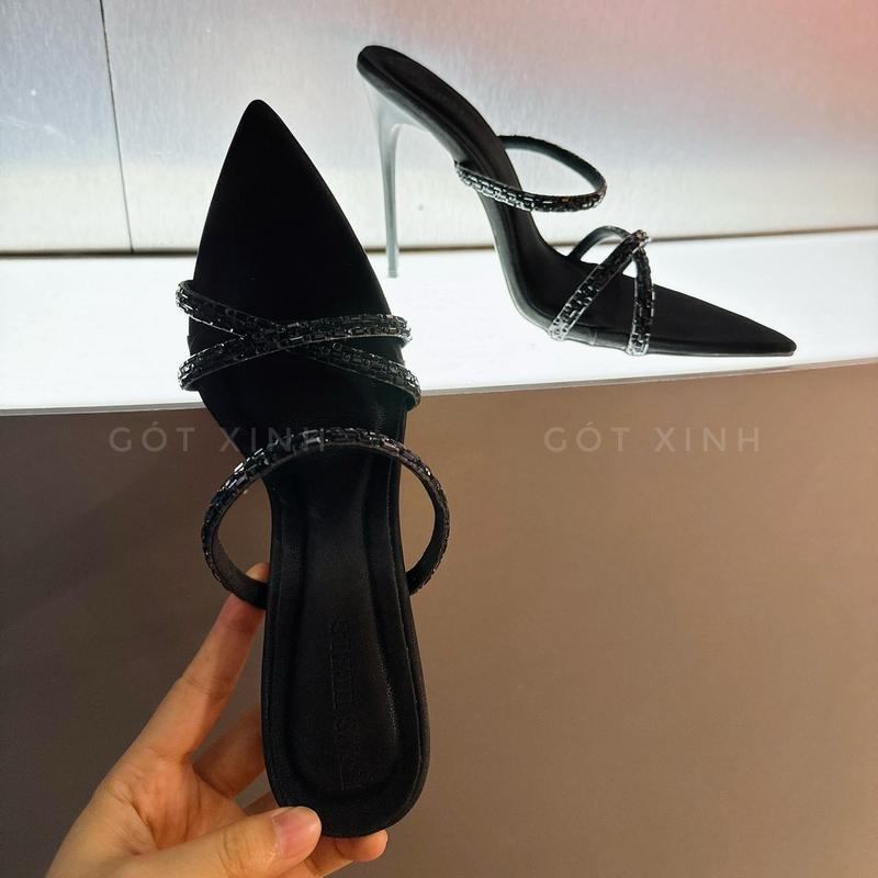 GÓT XINH - Dép cao gót nữ quoai đá chéo ngang chắc chân sang chảnh cao 7phân đến 12phân đi học chơi Đen giày shoes DéP guốc sandal Jean hoa giày sandal