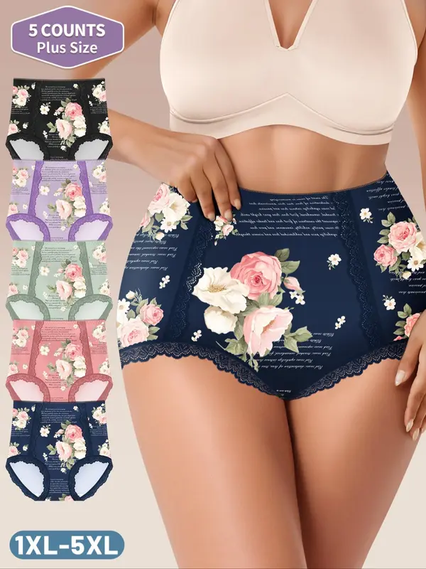 【Plus Size】 Floral & Letter Print Lace Trim High Waist Panty, Elegant Breathable Comfy Tummy Control Knicker for Daily Wear, Women's Underwear for All Seasons 0