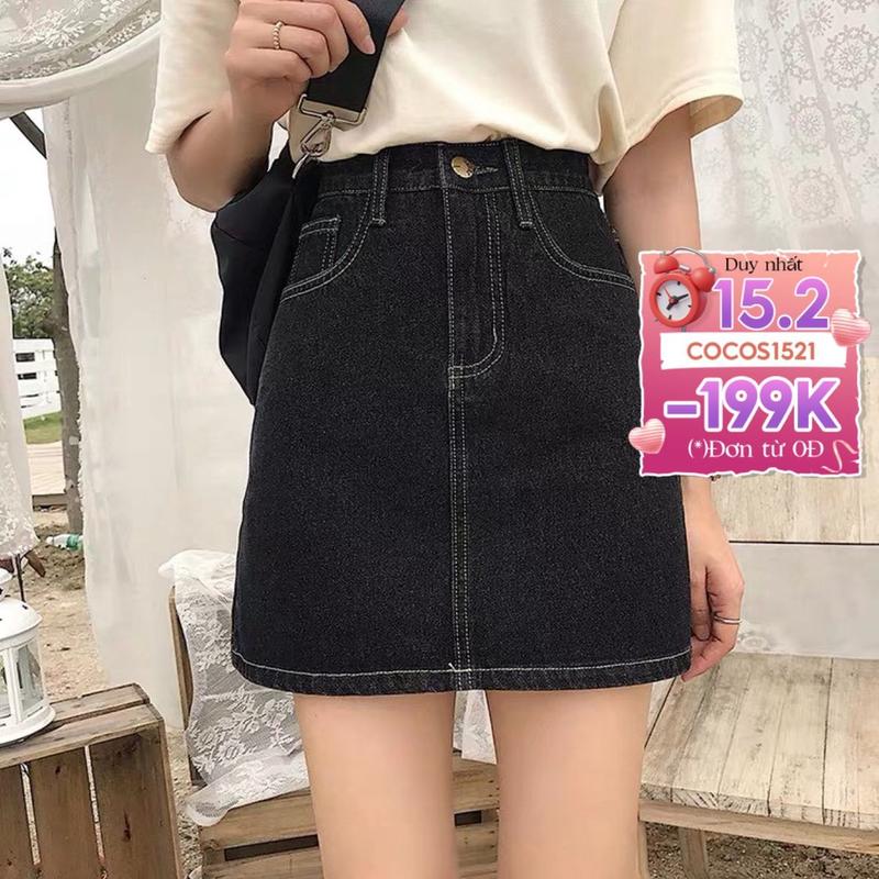 Chân váy Jeans nữ cạp cao phối chỉ nổi, chân váy jean chữ A kèm quần trong