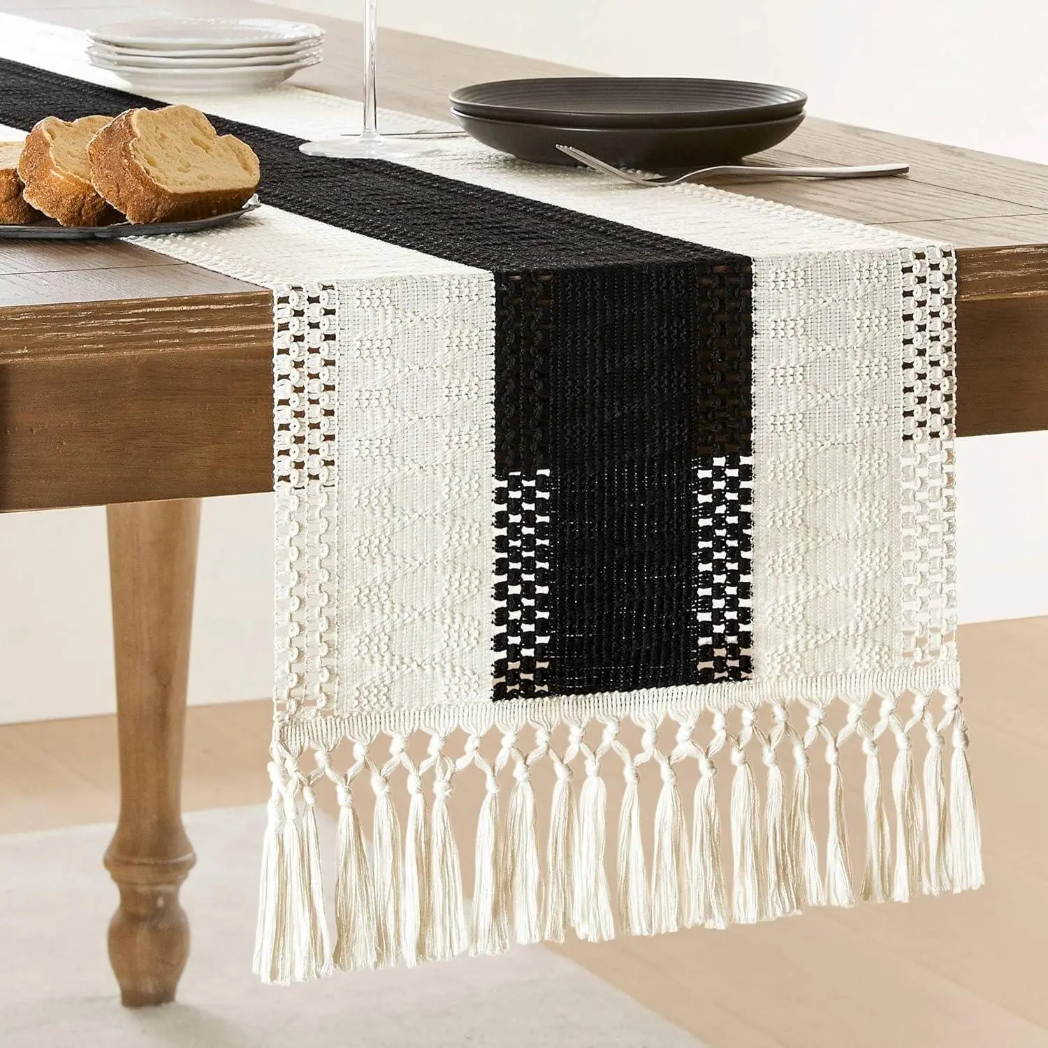 Boho Style Table Runner, Colorblock Knotted Tassel Table Flag, Table Decoration for Home Kitchen Dining Room, Home Decor