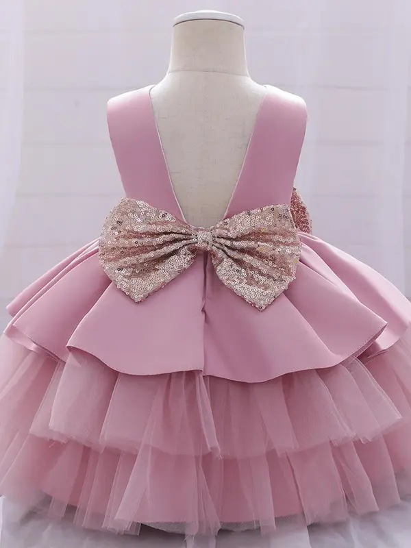 Toddler Girl's Solid Big Bow Decor Tulle Dress, Elegant Romantic A Line Tutu Dress for Party Show Wear, Kids Clothes for All Seasons 3
