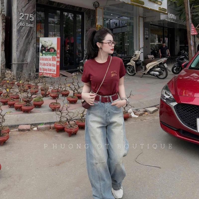 Quần jean ống xuông thêu chữ đỏ cạp cao hách dáng dành cho nữ 3