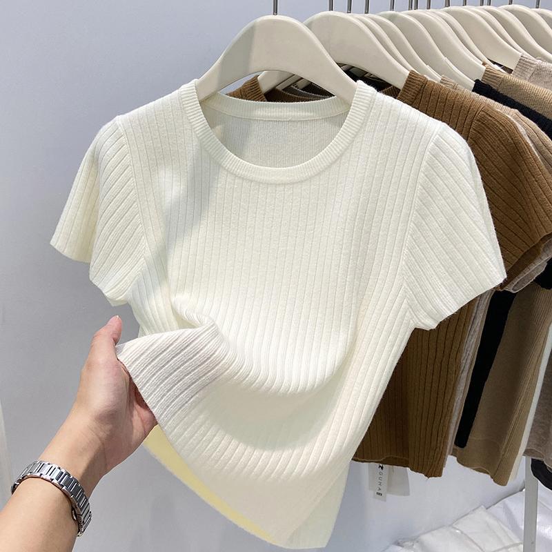 Áo Dệt Kim, Cổ Tròn, Sọc Rộng, ngắn Tay Áo, Áo Thun Nữ, Dáng Ôm, Áo Len Ngắn Thanh Lịch, Hàng Mới Về Mùa Thu 2025, Dành Cho Nữ 1