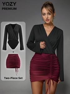 YOZY Women's Solid Color Long Sleeve Bodysuit & Skirt Two-piece Set, Elegant Fashion Casual Bodysuit & Skirt for Daily Outdoor Wear, Women's Clothing for All Seasons