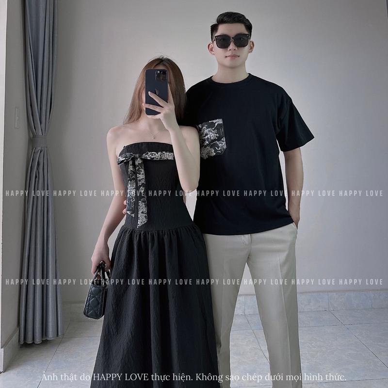 Product Introduction of Đồ đôi nam nữ mùa hè hàn quốc áo thun nam váy nữ dáng dài màu đen kèm dây thắt nơ HAPPYLOVE H181 6