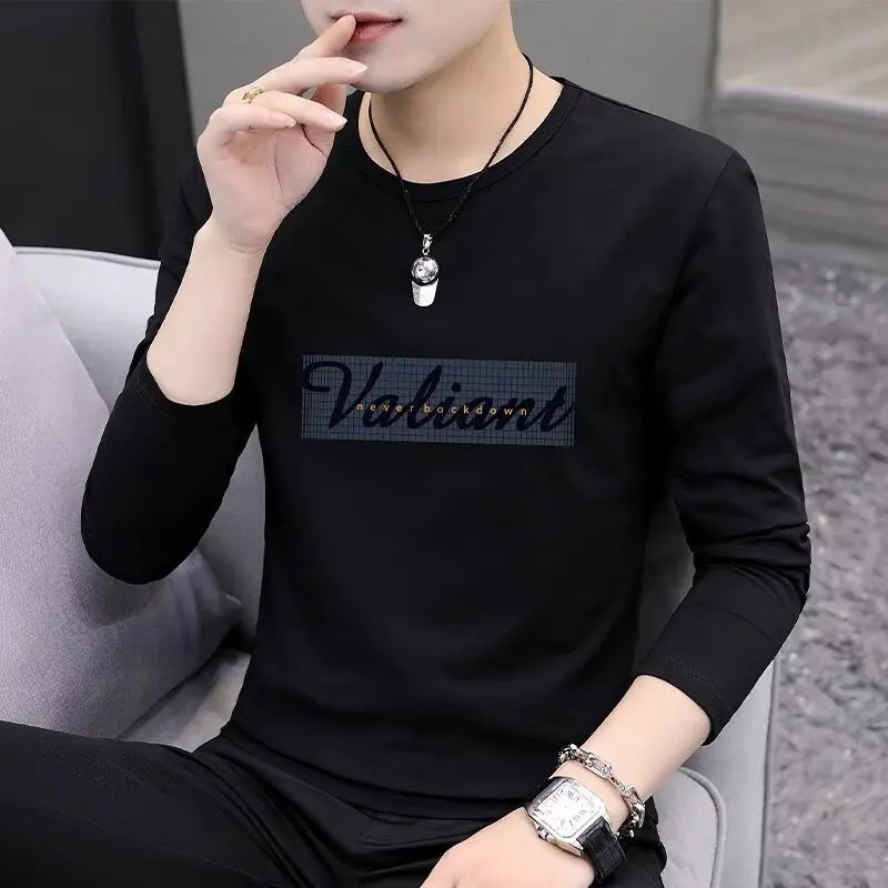 Áo Thun Cotton, Dành Cho Nam Giới, Tay Áo Dài, Cổ Tròn, Mùa Xuân Và Mùa Thu Mới, Áo Sơ Mi Lớp Nền Quần Áo, Quần Áo Nam Hợp Xu hướng Áo Sơ Mi Nhỏ Có Thể Đeo Bên Trong Và Mặc Ngoài Trời, 2024